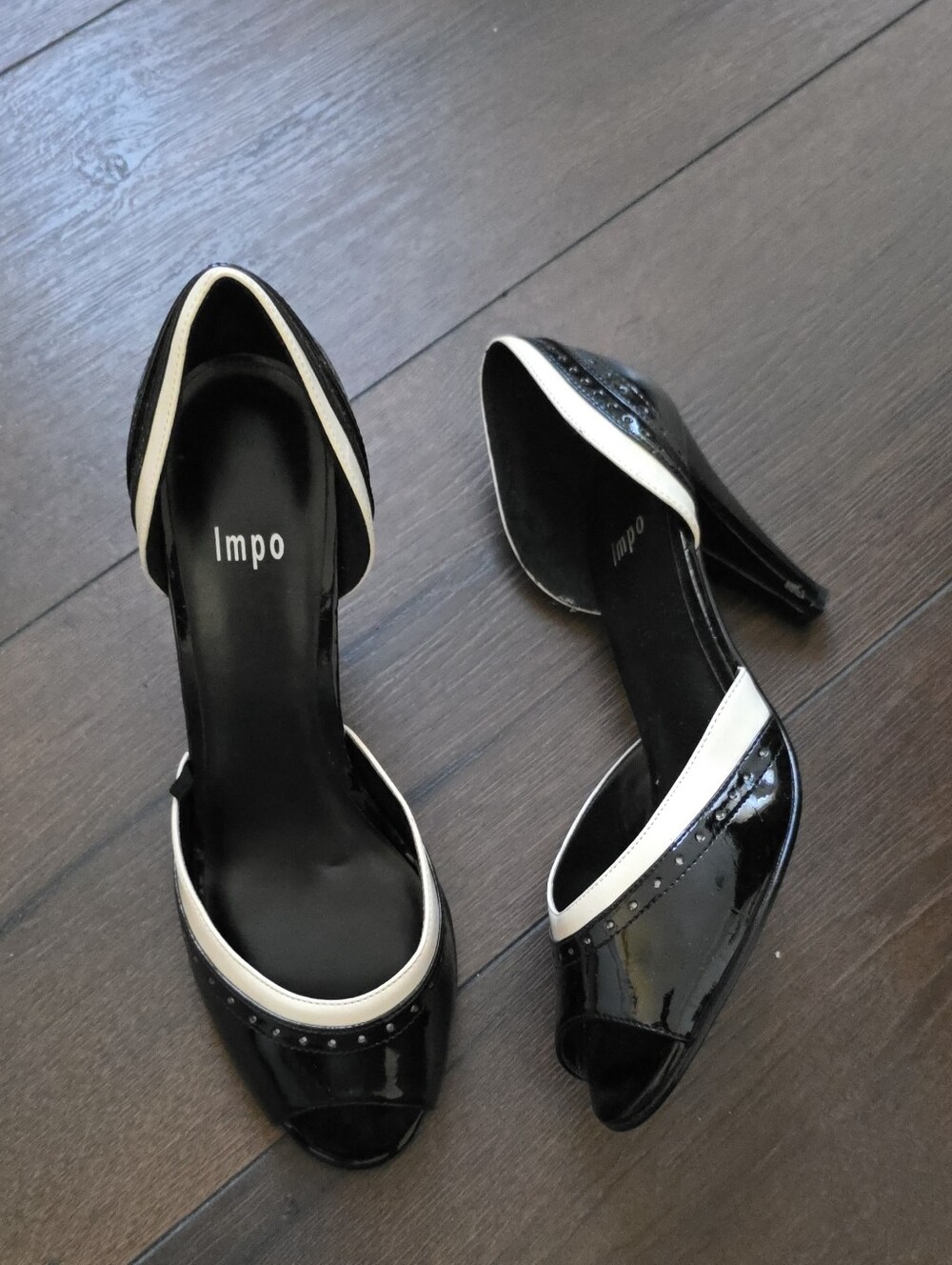 Impo Black and White Patent Peep Toe Heels with Contrast Trim